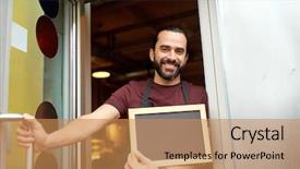  Presentation with man door - Cool new slide deck with bar or restaurant entrance backdrop and a coral colored foreground