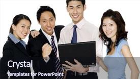  Presentation with business women - PPT theme with small business team of four men and women looking pleased with themselves background and a wine colored foreground