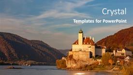  Presentation with danube - Slide deck having small castle above the danube in the romantic sunset austria background and a seafoam green colored foreground