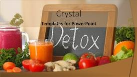  Presentation with juices - Slide deck with small chalkboard with word detox fresh juices and ingredients on table background and a coral colored foreground