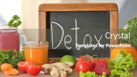  Presentation with juices - Presentation theme featuring small chalkboard with word detox fresh juices and ingredients on table background and a gray colored foreground