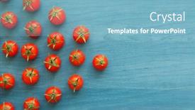  Presentation with cherry - Slide set consisting of small cherry tomatoes with leaf on a blue wooden surface background and a light blue colored foreground