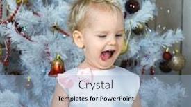  Presentation with child tree - Cool new presentation design with small child in a beautiful dress stands near a christmas tree and tries to catch snowflakes in the open mouth backdrop and a light blue colored foreground