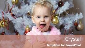  Presentation with child tree - PPT theme enhanced with small child in a beautiful dress stands near a christmas tree and tries to catch snowflakes in the open mouth background and a coral colored foreground