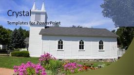  Presentation with door of a small church - Theme with small church and flower garden background and a light blue colored foreground