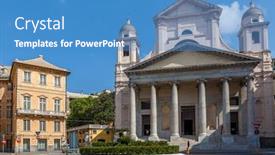  Presentation with roundabout - Slide set enhanced with small city square with roundabout surrounded by buildings and catholic church in genoa italy background and a teal colored foreground