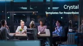  Presentation with team meeting - Audience pleasing slides consisting of small company - multiethnic startup business team backdrop and a navy blue colored foreground