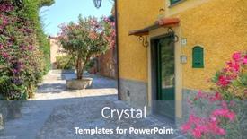  Presentation with green house - Audience pleasing theme consisting of small courtyard and yellow house with green wooden door in portofino italy backdrop and a gray colored foreground