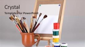  Presentation with art supplies - Audience pleasing PPT layouts consisting of small easel with sheet of paper and art supplies isolated on white backdrop and a coral colored foreground