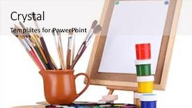  Presentation with art supplies - Slide set having small easel with sheet of paper and art supplies isolated on white background and a light gray colored foreground