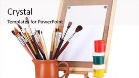  Presentation with art supplies - Colorful PPT theme enhanced with small easel with sheet of paper and art supplies isolated on white backdrop and a white colored foreground