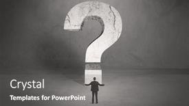  Presentation with space suit - Theme consisting of small elegant business person in suit standing with his back in front of a huge question mark in open space concept background and a gray colored foreground