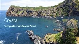  Presentation with fishery - Slide set with small fishery harbor at the bay of capelas on the northern coast of sao miguel background and a ocean colored foreground