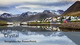  Presentation with coast - Cool new PPT theme with small fishing town of siglufjordur backdrop and a light blue colored foreground