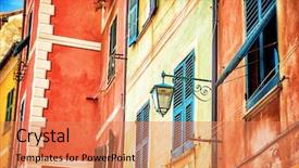  Presentation with facade - Presentation theme enhanced with small fishing village traditional europe background and a coral colored foreground