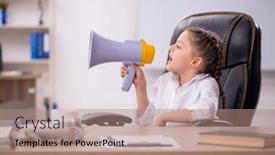  Presentation with classroom - Slides with small-girl-holding-megaphone background and a  colored foreground