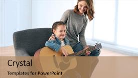  Presentation with learning - Amazing PPT theme having small girl learning play guitar backdrop and a coral colored foreground