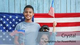  Presentation with wooden - Amazing slide deck having small girl with american flags backdrop and a light blue colored foreground