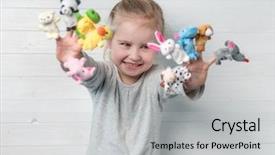  Presentation with doll - PPT theme featuring small girl with doll puppet background and a light gray colored foreground