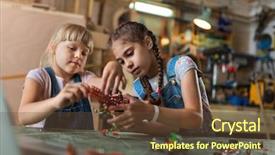  Presentation with building construction water supply - Presentation design consisting of small girls building toy construction background and a  colored foreground
