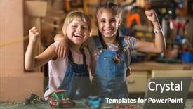  Presentation with building construction water supply - Beautiful PPT theme featuring small girls building toy construction backdrop and a  colored foreground