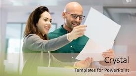  Presentation with paperwork - Colorful slide deck enhanced with small group discussion - smiling business people discussing backdrop and a soft green colored foreground