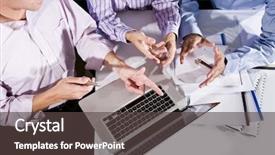  Presentation with employees working together - Theme enhanced with small group discussion - three office workers working together background and a dark gray colored foreground