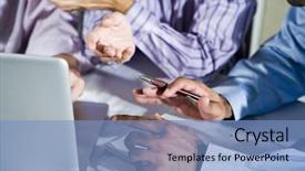  Presentation with working together - Presentation having small group discussion - three office workers working together background and a teal colored foreground