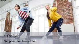  Presentation with group training - Amazing PPT theme having small group of active girls backdrop and a light gray colored foreground