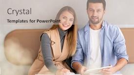  Presentation with meeting table - Presentation consisting of small group of young successful employees in casualwear sitting by table in cafe in front of camera at working meeting background and a soft green colored foreground