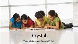  Presentation with preteen girls bikini - Presentation design with small group reading - preteen girls of mutiple ethnicities background and a soft green colored foreground