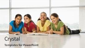  Presentation with floor - Colorful presentation theme enhanced with small group reading - preteen girls of mutiple ethnicities backdrop and a soft green colored foreground