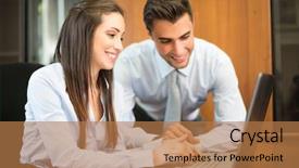  Presentation with people - Audience pleasing presentation design consisting of small group reading - smiling business people using backdrop and a  colored foreground