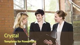  Presentation with women meeting - Theme featuring small group reading - three women in a business background and a tawny brown colored foreground