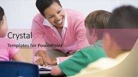  Presentation with school elementary - Presentation theme featuring small group study - elementary school teacher with pupils background and a coral colored foreground