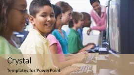  Presentation with school computer labs - Cool new presentation theme with small group study - male pupil in elementary school backdrop and a  colored foreground