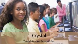  Presentation with pupil - Presentation theme featuring small groups students - female pupil in school computer background and a coral colored foreground