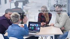  Presentation with team meeting - Slide deck enhanced with small groups students - startup business team on meeting background and a  colored foreground