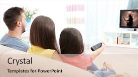  Presentation with family - Cool new PPT theme with small kids - family watching tv on couch backdrop and a  colored foreground