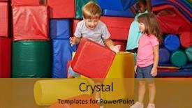  Presentation with children doing kids gym - Colorful PPT layouts enhanced with small kids - happy children playing together backdrop and a gold colored foreground
