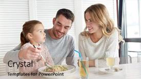  Presentation with restaurant family - Presentation design consisting of small kids - happy family having dinner background and a coral colored foreground