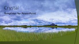  Presentation with cold water - Colorful presentation theme enhanced with small lake surrounded by green meadow summer iceland in the smooth water of cold lake reflects cloudy sky backdrop and a light blue colored foreground