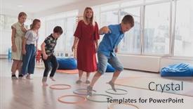  Presentation with school-children - PPT theme featuring small-nursery-school-children background and a mint green colored foreground