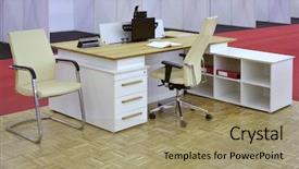  Presentation with office desk reception - Beautiful slides featuring small office desk furniture setup backdrop and a coral colored foreground