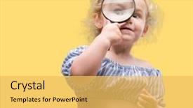  Presentation with looking glass - Amazing PPT theme having small people magnifier hands - beautiful blonde toddler looking backdrop and a  colored foreground