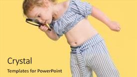  Presentation with blonde holds a magnifying glass - Slides consisting of small people magnifier hands - beautiful blonde toddler looking background and a  colored foreground