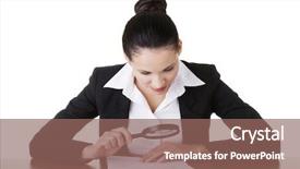  Presentation with blonde holds a magnifying glass - PPT theme enhanced with small people magnifier hands - businesswoman with magnifying glass analyze background and a  colored foreground