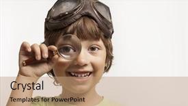  Presentation with looking glass - PPT theme with small people magnifier hands - happy boy looking background and a coral colored foreground