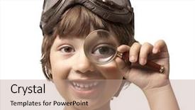  Presentation with looking glass - PPT theme featuring small people magnifier hands - happy boy looking background and a coral colored foreground