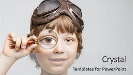  Presentation with looking glass - Theme featuring small people magnifier hands - happy boy looking background and a light gray colored foreground